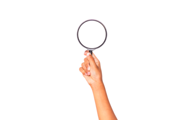 Girl's hand holding a magnifying glass isolated on transparent background.