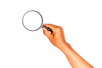 Man's hand holding a magnifying glass isolated on transparent background.