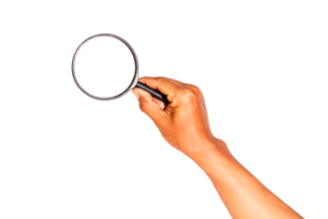 Man's hand holding a magnifying glass isolated on transparent background.