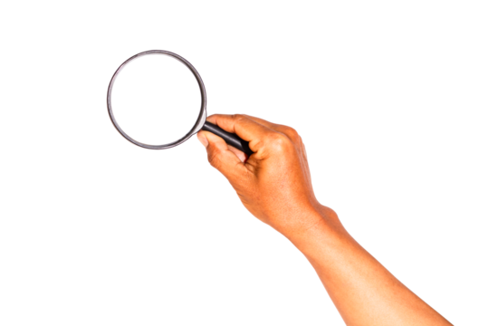 Man's hand holding a magnifying glass isolated on transparent background.