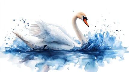 Swan swimming in splashing blue water, serene background
