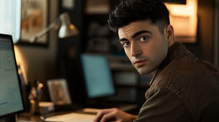 Focused businessman working diligently at his desk, embodying professionalism and determination.
