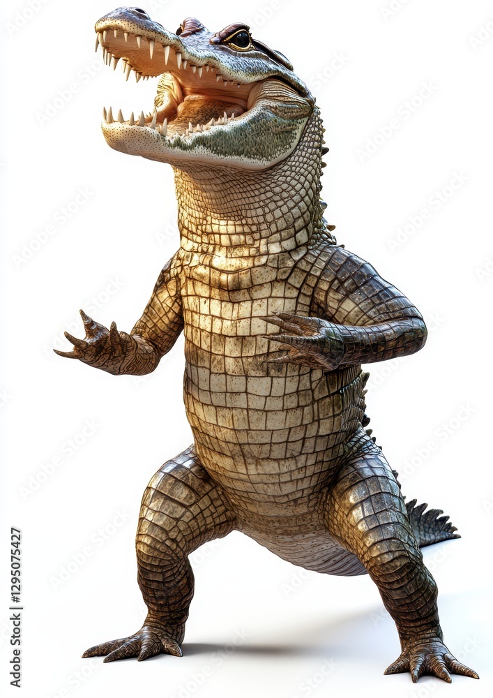 Poster realistic and detailed 3d rendering of a stand-up crocodile creature with powerful features and arti