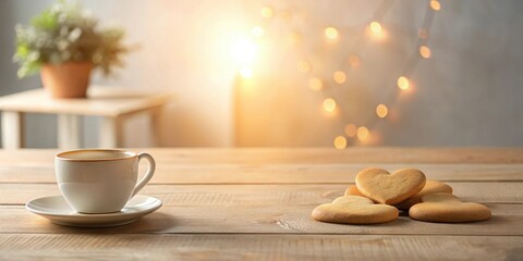 Warm morning beverage with heart-shaped cookies on rustic wooden table