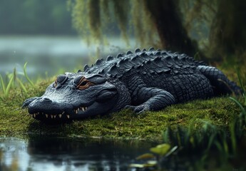 Obraz premium Realistic and Detailed Illustration of a Large Crocodile Resting by a Serene Water Body Surrounded by Lush Greenery in a Natural Habitat Setting