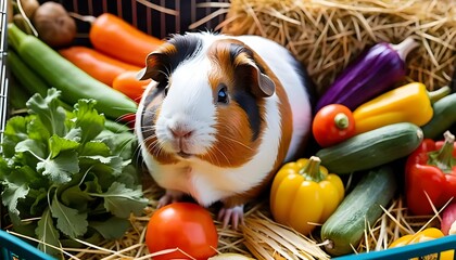 Adorable Tri colored Guinea Pig Surrounded by Fresh Vegetables and Hay