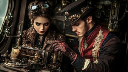 Fototapeta premium A steampunk styled couple working on complex machinery together closely