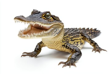 Obraz premium Realistic close-up of a young crocodile displaying sharp teeth with an open mouth against a clean white background in a studio setting