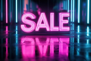 Bright neon sale sign glowing in a vibrant background with reflections on the floor. Generative AI