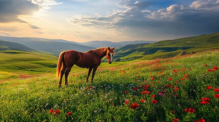 Horse in flower grass field in Spring.