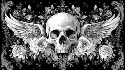 Winged Skull with Roses on Ornate Black Background