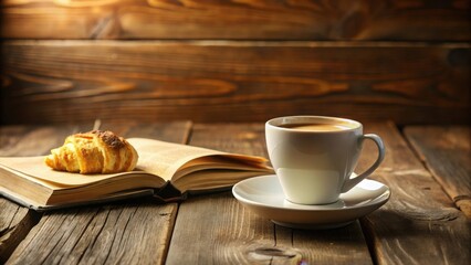 Fototapeta premium Aromatic Coffee and Pastry Beside an Open Book on Rustic Wooden Surface