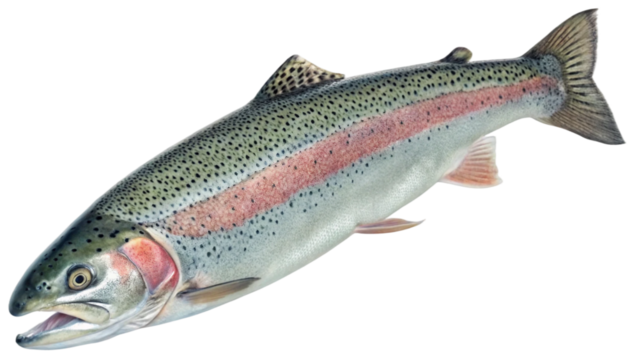 Close up rainbow trout fish isolated on white background. Suitable for marketing or business purposes. PNG file
