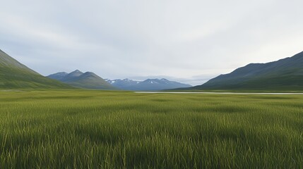 Fototapeta premium Vast Green Field Landscape with Mountains and Lake
