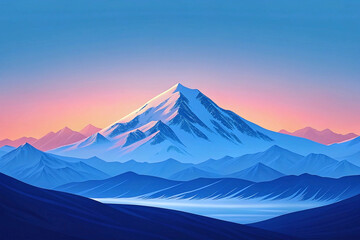Majestic snow-capped mountain peak at sunrise, overlooking a serene valley and distant mountain ranges in a minimalist digital art style.
