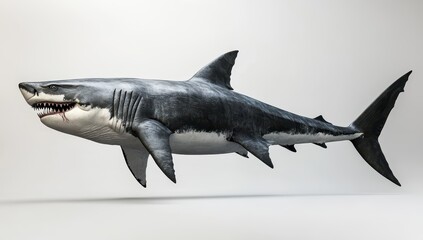 Fototapeta premium Realistic depiction of a powerful great white shark swimming gracefully under neutral background in a stock photo for marine life and wildlife enthusiasts
