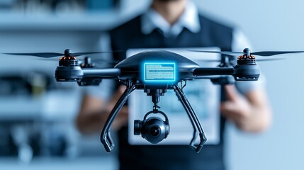 Obraz premium High-Tech Drone with Camera Capturing Stunning Aerial Footage in Urban Environment for Innovative Technology Solutions