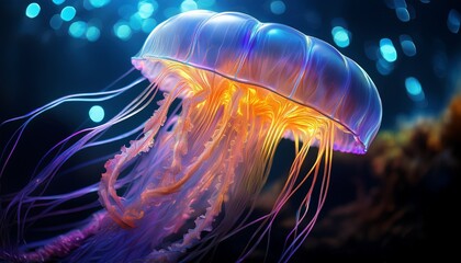 Fototapeta premium Close-up of a jellyfish tentacle, with a bioluminescent glow illuminating its delicate structure, showcasing the translucent beauty and intricate texture.