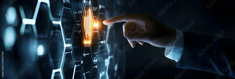 Poster businessman touching a digital icon of it service and support on a virtual screen with a hexagonal p