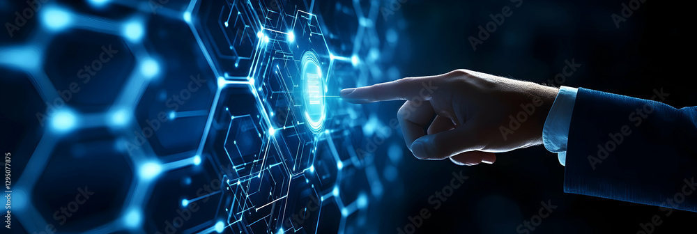 Poster businessman touching a digital icon of it service and support on a virtual screen with a hexagonal p
