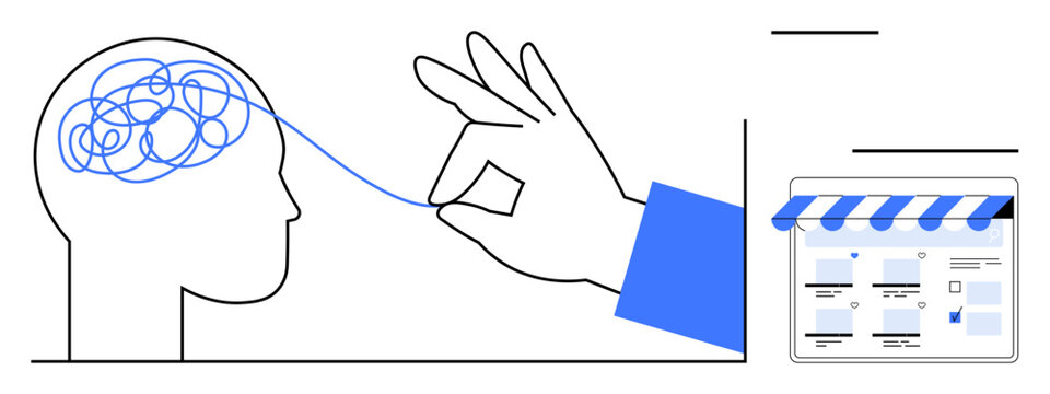 Hand untangling line from tangled brain to organized storefront layout, representing clarity, problem-solving. Ideal for mental health, innovation, online solutions, e-commerce ideas, creativity