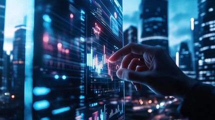Financial Data Interaction Urban Skyline Digital Visualization Night Scene Close-Up Perspective Technology Concept