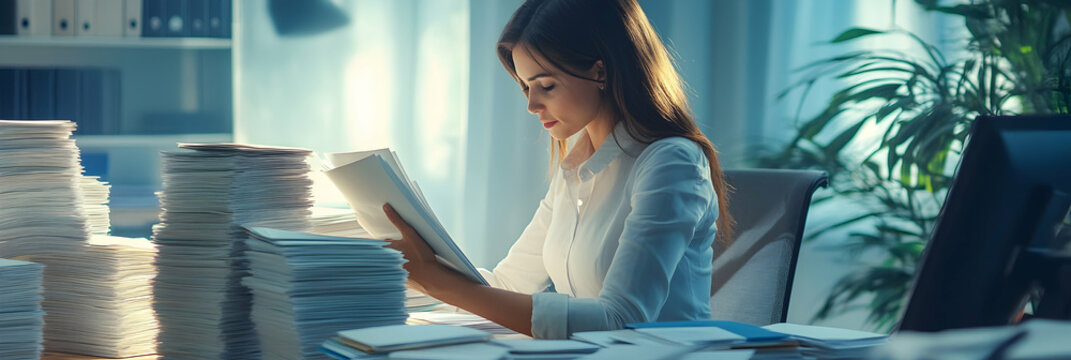 Businesswoman working with stacks of paper files on a desk, office concept  - 