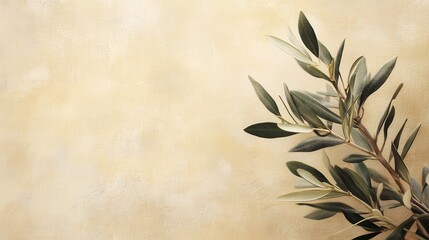 Olive Branch Against Soft Yellow Background for Tranquil Spaces