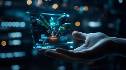 Fototapeta premium Futuristic Agriculture Technology Urban Environment Digital Hologram Hands Innovation Impact
