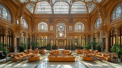 Sunlit opulent grand hall with ornate architecture, glass ceiling, and luxurious seating.