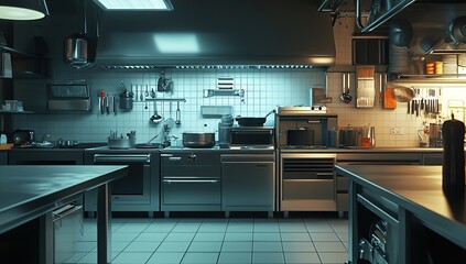 Modern Commercial Kitchen Interior at Night