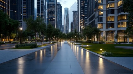 Fototapeta premium Evening Stroll Through a Modern Cityscape Walkway Urban Environment Landscape Photography Contemporary Vibes