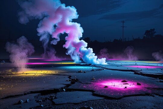 Vibrant Neon Smoke on Weathered Asphalt at Midnight
