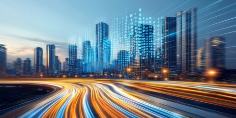 Fototapeta premium Dynamic Futuristic Cityscape at Dusk with Digital Data Streams and Light Trails,futuristic background