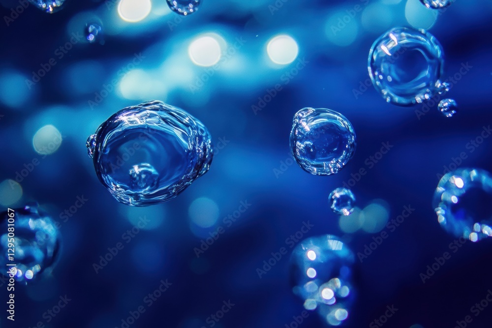 Poster glowing gas bubbles float gracefully underwater in a vibrant, blue environment showcasing mesmerizin