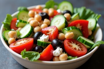 Mediterranean-Inspired Salad: Chickpeas, Veggies, Feta, & Olives Combination