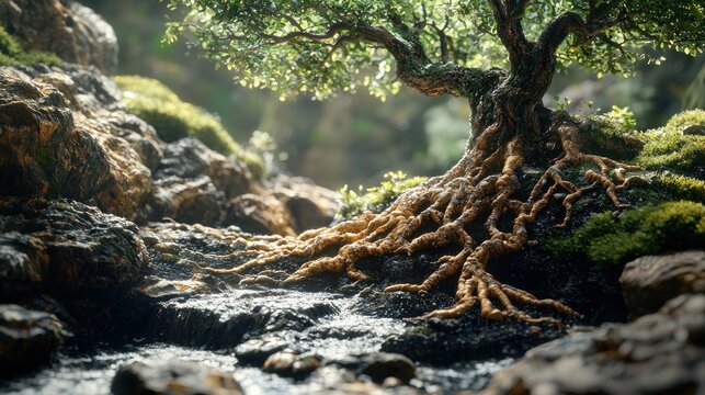 Bonsai tree roots flowing stream rocky mountain