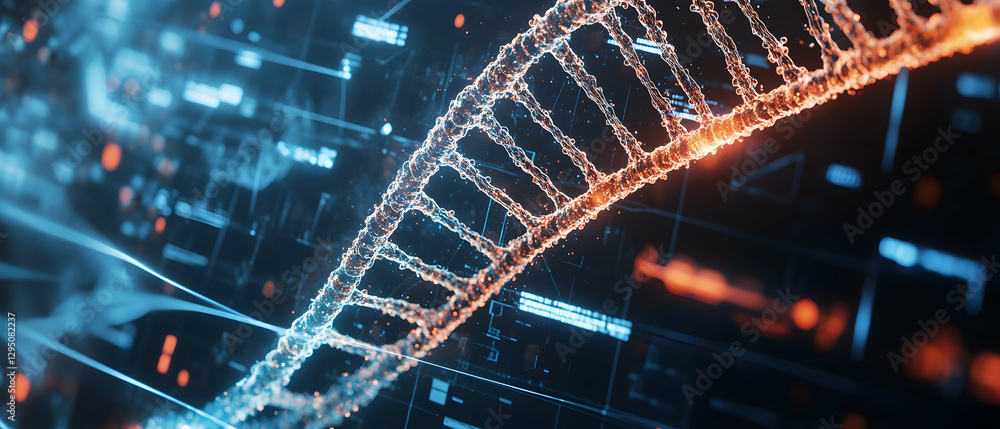Poster close-up of a dna strand being synthesized on a digital interface -