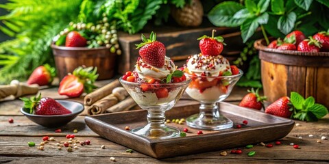 Sweet Strawberry Dessert with Whipped Cream and Garnish in Glass Bowls on Rustic Wooden Tray