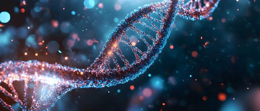 Close-up of a DNA strand being synthesized on a digital interface  -  - Powered by Adobe