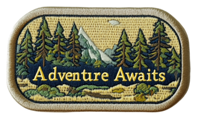 Outdoor adventure patch nature scene embroidery forest. Patch design isolated