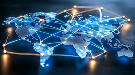 Global Network Connection Illuminating Communication Across the World Digital Map Technology Futuristic Aerial View Connectivity