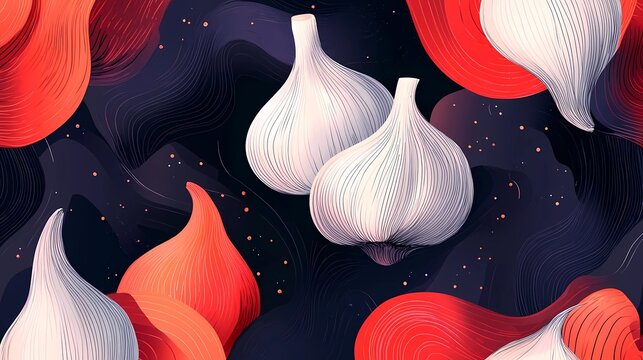 Modern flat illustration for National Garlic Month, featuring artistic garlic sketches, culinary elements, and abstract organic shapes. Incorporate vibrant, unique colors 