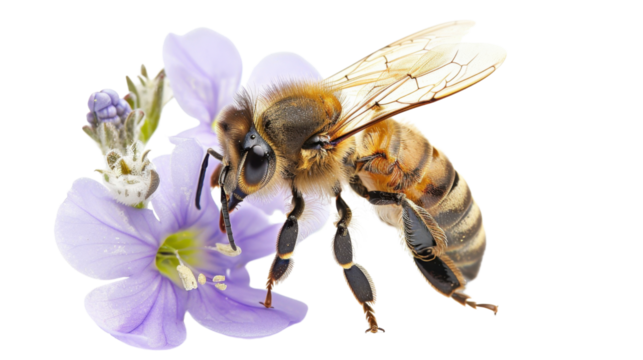 Honey bee pollinating purple flower on transparent background