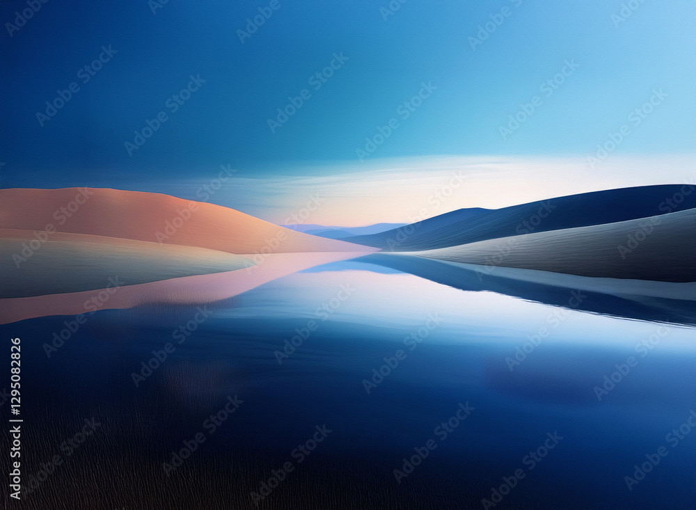 Poster a serene landscape view with smooth water reflecting soft hills and a gradient sky in the background