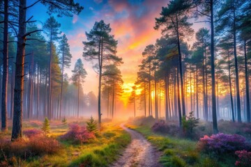 Serene Sunset Path Through a Misty Pine Forest, Illuminated by Golden Hour Light, Evoking a Sense of Tranquility and Natural Beauty