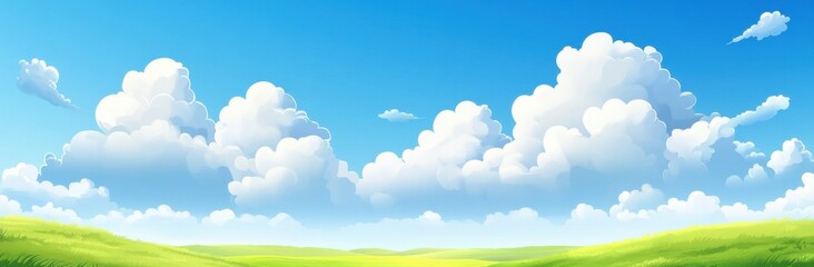 Fototapeta premium Serene Summer Day: A Panoramic View of Fluffy Clouds Over Lush Green Meadows