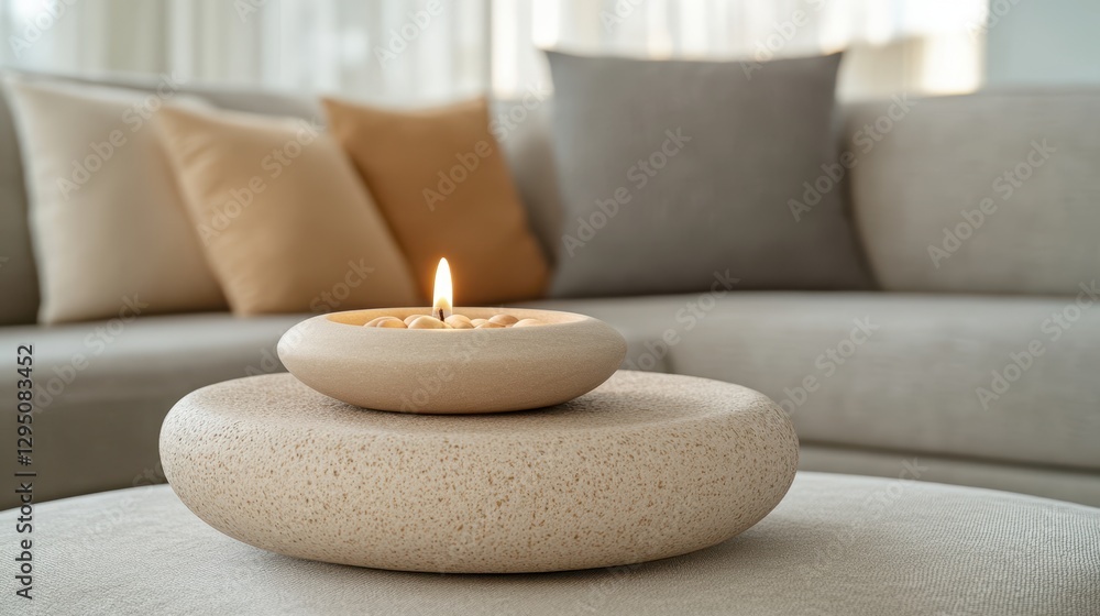 Poster a candle rests atop a stone on a table, creating a serene and elegant atmosphere with soft illuminat