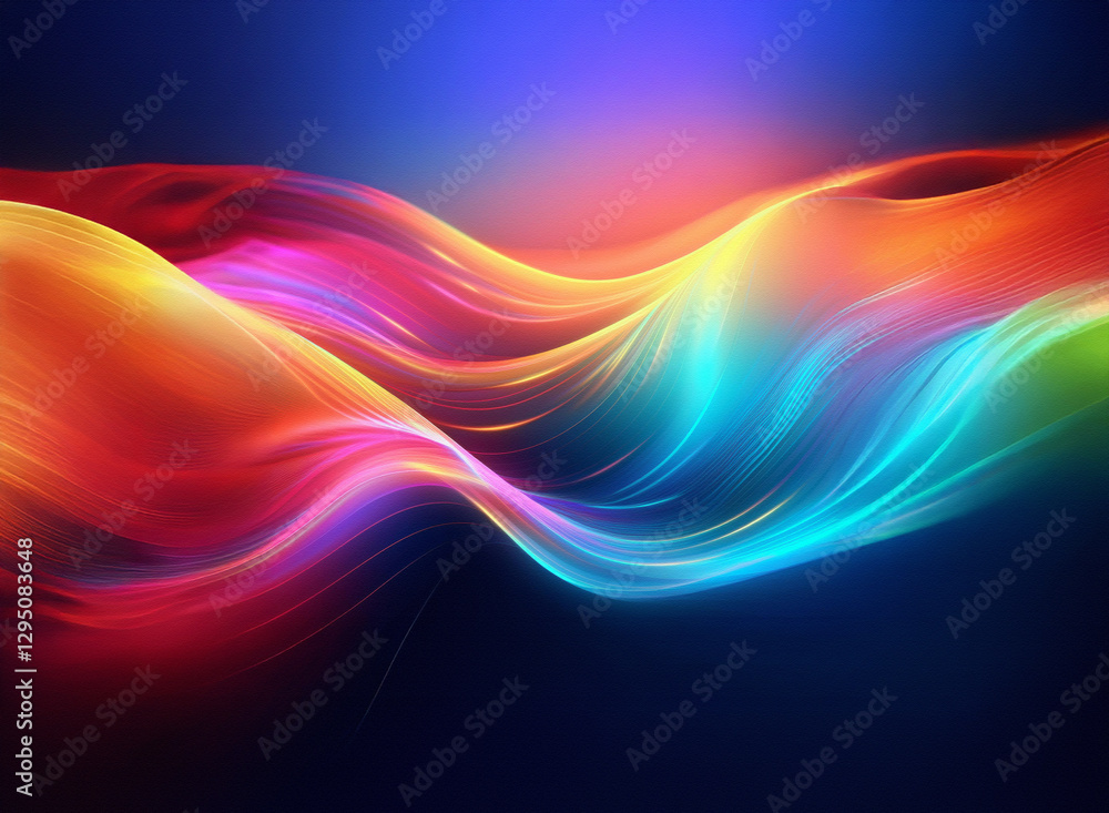 Poster vibrant waves of light cascade across a dark background, creating an abstract and colorful design wi