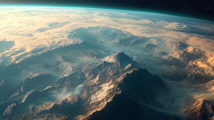Aerial view of majestic mountain ranges under a vast atmosphere with distant stars visible